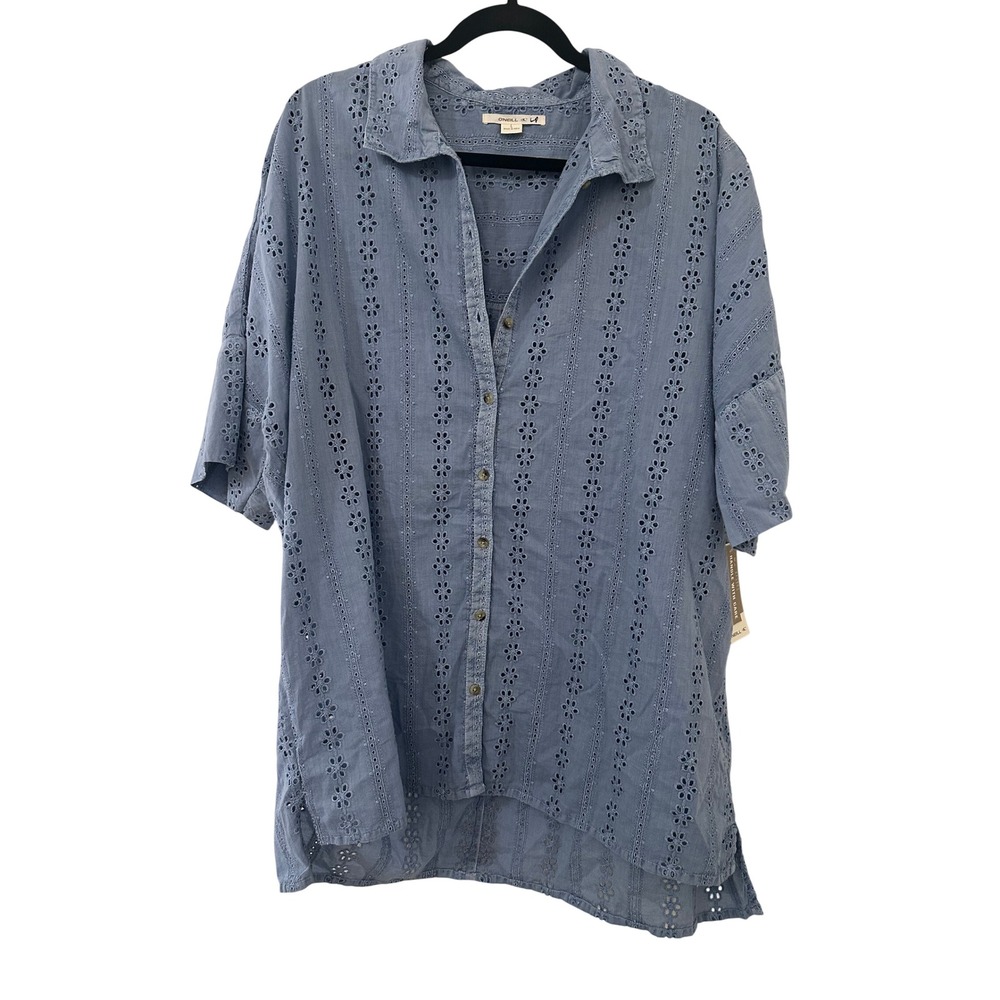 ONeill Olivia Eyelet Shirt Womens L Blue Cotton Button Down Beachy Oversized